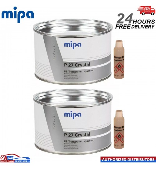 2x MIPA P27 CRYSTAL TRANSPARENT POLYESTER BODY FILLER FOR CARBON REPAIR 1KG